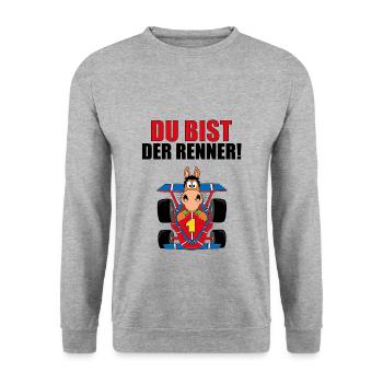 DU BIST DER RENNER! - PFERD - PONY - RENNWAGEN - Unisex Pullover - Weißgrau meliert - Vorne - Alina (178cm) & Michal (187cm)
