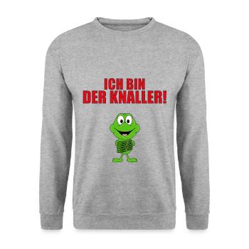 ICH BIN DER KNALLER! - FROSCH - KNALLFROSCH - Unisex Pullover - Weißgrau meliert - Vorne - Alina (178cm) & Michal (187cm)