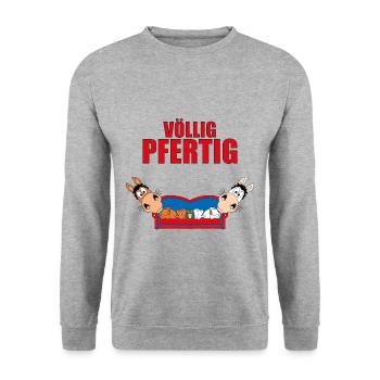 VÖLLIG PFERTIG - PFERD - PONYS - SOFA - PAUSE - Unisex Pullover - Weißgrau meliert - Vorne - Alina (178cm) & Michal (187cm)