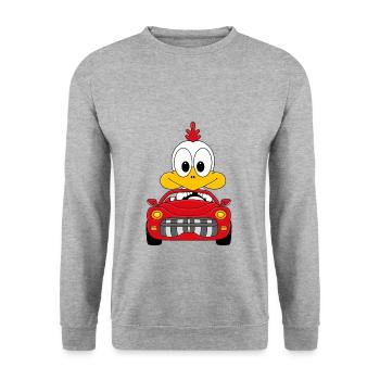 AUTO - HUHN - TIERISCH - TIER - LUSTIGER VOGEL - Unisex Pullover - Weißgrau meliert - Vorne - Alina (178cm) & Michal (187cm)