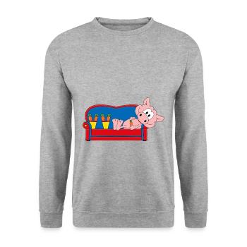 SCHWEIN - SOFA - WOCHENENDE - URLAUB - FERIEN - Unisex Pullover - Weißgrau meliert - Vorne - Alina (178cm) & Michal (187cm)