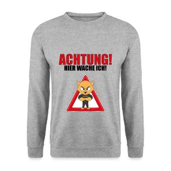 KATZE - KATER - SECURITY - ACHTUNG HIER WACHE ICH! - Unisex Pullover - Weißgrau meliert - Vorne - Alina (178cm) & Michal (187cm)