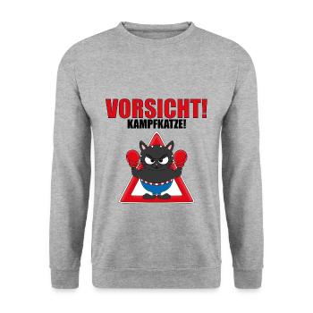 VORSICHT! KAMPFKATZE! - BOXER - BOXEN - KATER - Unisex Pullover - Weißgrau meliert - Vorne - Alina (178cm) & Michal (187cm)