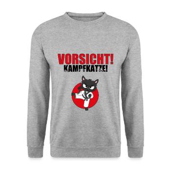 VORSICHT! KAMPFKATZE! - KARATE - JUDO - JAPAN - Unisex Pullover - Weißgrau meliert - Vorne - Alina (178cm) & Michal (187cm)