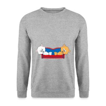 KATZEN - SOFA - CHILLEN - RELAXEN - KATZE - LIEBE - Unisex Pullover - Weißgrau meliert - Vorne - Alina (178cm) & Michal (187cm)