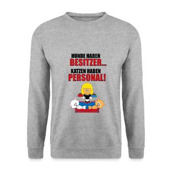 HUNDE HABEN BESITZER - KATZEN HABEN PERSONAL! - Unisex Pullover - Weißgrau meliert - Vorne - Alina (178cm) & Michal (187cm)
