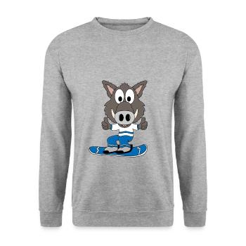 WILDSCHWEIN - SNOWBOARD - PISTENSAU - SPORT - Unisex Pullover - Weißgrau meliert - Vorne - Alina (178cm) & Michal (187cm)