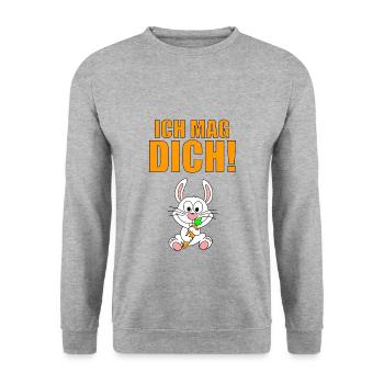 ICH MAG DICH! - HASE - MÖHRE - TIER - LIEBE - Unisex Pullover - Weißgrau meliert - Vorne - Alina (178cm) & Michal (187cm)