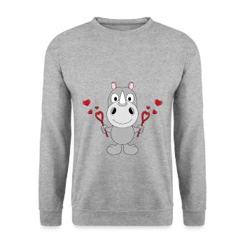 SEIFENBLASEN - LIEBE - NASHORN - TIER - Unisex Pullover - Weißgrau meliert - Vorne - Alina (178cm) & Michal (187cm)