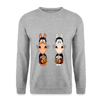 PFERDE - PONYS - HALLOWEEN - TIERISCH - Unisex Pullover - Weißgrau meliert - Vorne - Alina (178cm) & Michal (187cm)