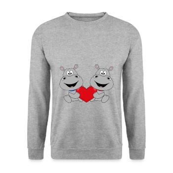 NILPFERDE - FLUSSPFERDE - HIPPOS - LIEBE - HERZ - Unisex Pullover - Weißgrau meliert - Vorne - Alina (178cm) & Michal (187cm)