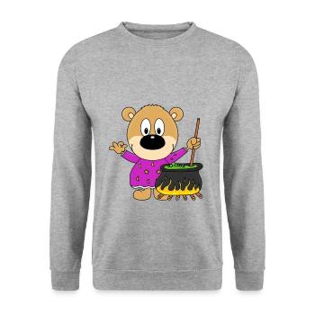 TEDDYBÄR - BÄR - TEDDY - HEXE - HALLOWEEN - Unisex Pullover - Weißgrau meliert - Vorne - Alina (178cm) & Michal (187cm)