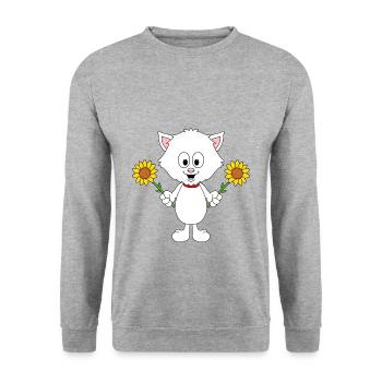 KATZE - SONNENBLUMEN - BLUMEN - TIERISCH - Unisex Pullover - Weißgrau meliert - Vorne - Alina (178cm) & Michal (187cm)