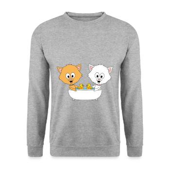 KATZEN - BADEWANNE - TIERISCH - TIERE - FUN - Unisex Pullover - Weißgrau meliert - Vorne - Alina (178cm) & Michal (187cm)