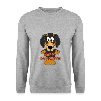 HUND - DACKEL - HAPPY HALLOWEEN - TIERISCH - Unisex Pullover - Weißgrau meliert - Vorne - Alina (178cm) & Michal (187cm)
