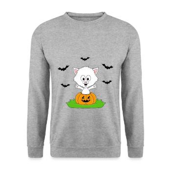 HALLOWEEN - KATZE - KÜRBIS - FLEDERMÄUSE - BABY - Unisex Pullover - Weißgrau meliert - Vorne - Alina (178cm) & Michal (187cm)