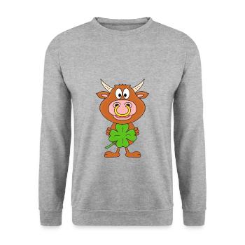 KLEEBLATT - GLÜCKSBRINGER - GLÜCK - STIER - BULLE - Unisex Pullover - Weißgrau meliert - Vorne - Alina (178cm) & Michal (187cm)