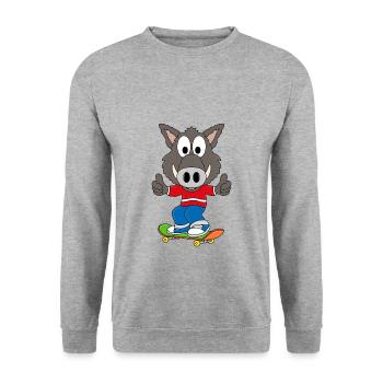 SKATEBOARD - WILDSCHWEIN - SPORT - KIND - BABY - Unisex Pullover - Weißgrau meliert - Vorne - Alina (178cm) & Michal (187cm)