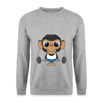 SCHIMPANSE - AFFE - FITNESS - KIND - BABY - Unisex Pullover - Weißgrau meliert - Vorne - Alina (178cm) & Michal (187cm)