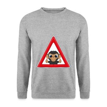 ACHTUNG SCHIMPANSE - AFFE - TIER - KIND - BABY - Unisex Pullover - Weißgrau meliert - Vorne - Alina (178cm) & Michal (187cm)
