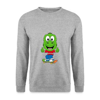 DINO - ECHSE - GECKO - SKATEBOARD - KIND - BABY - Unisex Pullover - Weißgrau meliert - Vorne - Alina (178cm) & Michal (187cm)