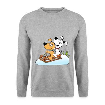 HUNDE - SCHLITTEN - RODELN - HUND - WINTERSPORT - Unisex Pullover - Weißgrau meliert - Vorne - Alina (178cm) & Michal (187cm)
