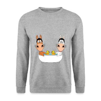 BADEN - BADEWANNE - PFERDE - PONYS - LIEBE - Unisex Pullover - Weißgrau meliert - Vorne - Alina (178cm) & Michal (187cm)