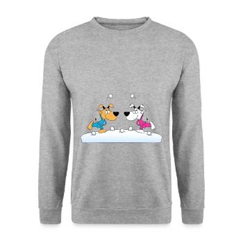 HUNDE - SCHNEEBALLSCHLACHT - TIERE - FUN - SCHNEE - Unisex Pullover - Weißgrau meliert - Vorne - Alina (178cm) & Michal (187cm)