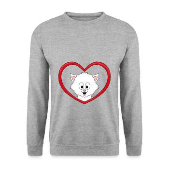 LIEBE - HERZ - KATZE - KATER - TIERLIEB - VERLIEBT - Unisex Pullover - Weißgrau meliert - Vorne - Alina (178cm) & Michal (187cm)