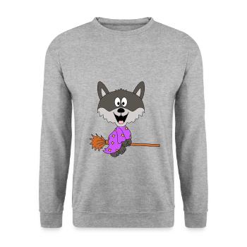 WOLF - HEXE - HEXENBESEN - HALLOWEEN - Unisex Pullover - Weißgrau meliert - Vorne - Alina (178cm) & Michal (187cm)