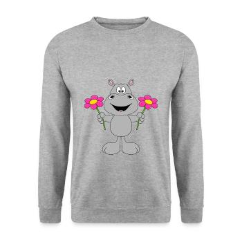 NILPFERD - BLUMEN - TIER - KIND - BABY - LIEBE - Unisex Pullover - Weißgrau meliert - Vorne - Alina (178cm) & Michal (187cm)