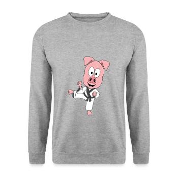SCHWEIN - SELBSTVERTEIDIGUNG - KARATE - JUDO - Unisex Pullover - Weißgrau meliert - Vorne - Alina (178cm) & Michal (187cm)