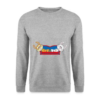 HASEN - SOFA - CHILLEN - RELAXEN - TIER - BABY - Unisex Pullover - Weißgrau meliert - Vorne - Alina (178cm) & Michal (187cm)