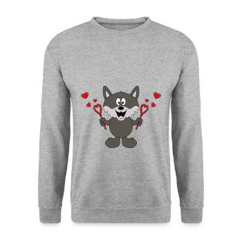 WOLF - LIEBE - SEIFENBLASEN - HERZEN - TIER - Unisex Pullover - Weißgrau meliert - Vorne - Alina (178cm) & Michal (187cm)