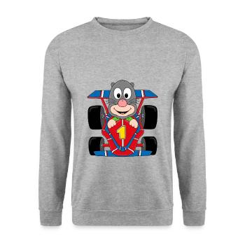 MAULWURF - RENNAUTO - AUTO - RENNFAHRER - TIER - Unisex Pullover - Weißgrau meliert - Vorne - Alina (178cm) & Michal (187cm)
