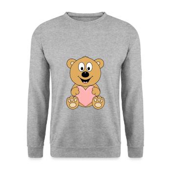TEDDY - BÄR - TEDDYBÄR - LIEBE - HERZ - VERLIEBT - Unisex Pullover - Weißgrau meliert - Vorne - Alina (178cm) & Michal (187cm)