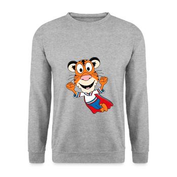 TIGER - SUPERHELD - TIER - TIERISCH - BABY - KIND - Unisex Pullover - Weißgrau meliert - Vorne - Alina (178cm) & Michal (187cm)