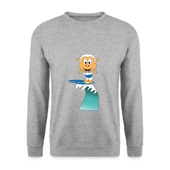 SCHAF - SURFER - WELLENREITER - WASSERSPORT - TIER - Unisex Pullover - Weißgrau meliert - Vorne - Alina (178cm) & Michal (187cm)