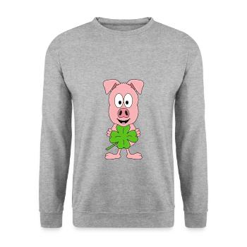 SCHWEIN - KLEEBLATT - GLÜCKSSCHWEIN - TIER - Unisex Pullover - Weißgrau meliert - Vorne - Alina (178cm) & Michal (187cm)
