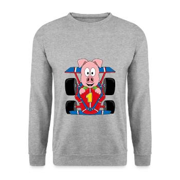 SCHWEIN - AUTO - RENNWAGEN - AUTORENNEN - TIER - Unisex Pullover - Weißgrau meliert - Vorne - Alina (178cm) & Michal (187cm)