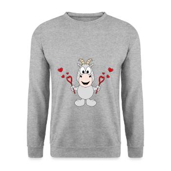 LIEBE - LOVE - SEIFENBLASEN - ZIEGE - TIER - Unisex Pullover - Weißgrau meliert - Vorne - Alina (178cm) & Michal (187cm)