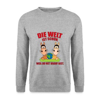 PFERDE - LIEBE - ERDE - DIE WELT IST SCHÖN... - Unisex Pullover - Weißgrau meliert - Vorne - Alina (178cm) & Michal (187cm)