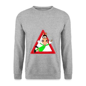 PFERD - FUßBALL - TORWART - ACHTUNG FLIEGENFÄNGER - Unisex Pullover - Weißgrau meliert - Vorne - Alina (178cm) & Michal (187cm)