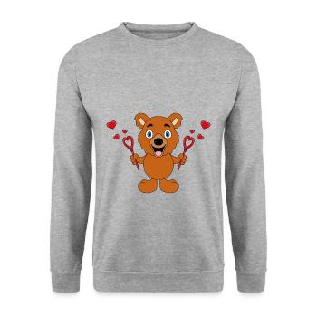 SEIFENBLASEN - LIEBE - HERZEN - TEDDY - BÄR - Unisex Pullover - Weißgrau meliert - Vorne - Alina (178cm) & Michal (187cm)