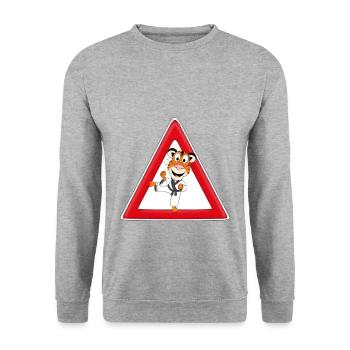 ACHTUNG - KARATE - TIGER - TIER - SPORT - TIERISCH - Unisex Pullover - Weißgrau meliert - Vorne - Alina (178cm) & Michal (187cm)
