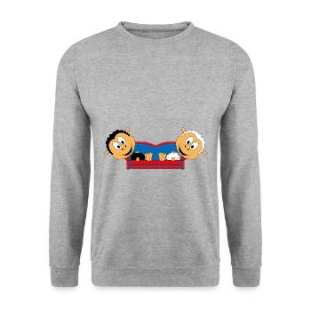 SCHAFE - SOFA - TIERE - LIEBE - LOVE - TIERISCH - Unisex Pullover - Weißgrau meliert - Vorne - Alina (178cm) & Michal (187cm)