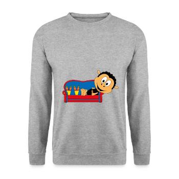 SCHAF - SOFA - CHILLEN - RELAXEN - MÖHREN - Unisex Pullover - Weißgrau meliert - Vorne - Alina (178cm) & Michal (187cm)