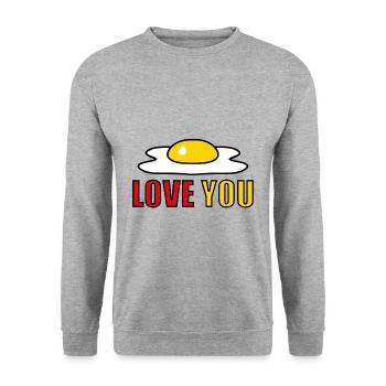 EI LOVE YOU - SPIEGELEI - ESSEN - LIEBE - OSTERN - Unisex Pullover - Weißgrau meliert - Vorne - Alina (178cm) & Michal (187cm)
