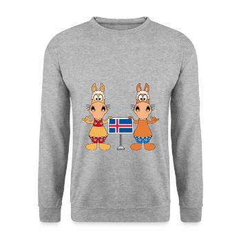 ISLANDPFERDE - ISLÄNDER - ISLAND - SHAKA - PFERDE - Unisex Pullover - Weißgrau meliert - Vorne - Alina (178cm) & Michal (187cm)