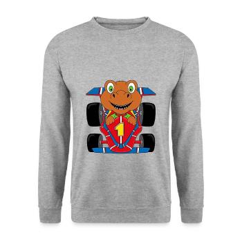 T-REX - DINOSAURIER - AUTO - RENNFAHRER - DINO - Unisex Pullover - Weißgrau meliert - Vorne - Alina (178cm) & Michal (187cm)